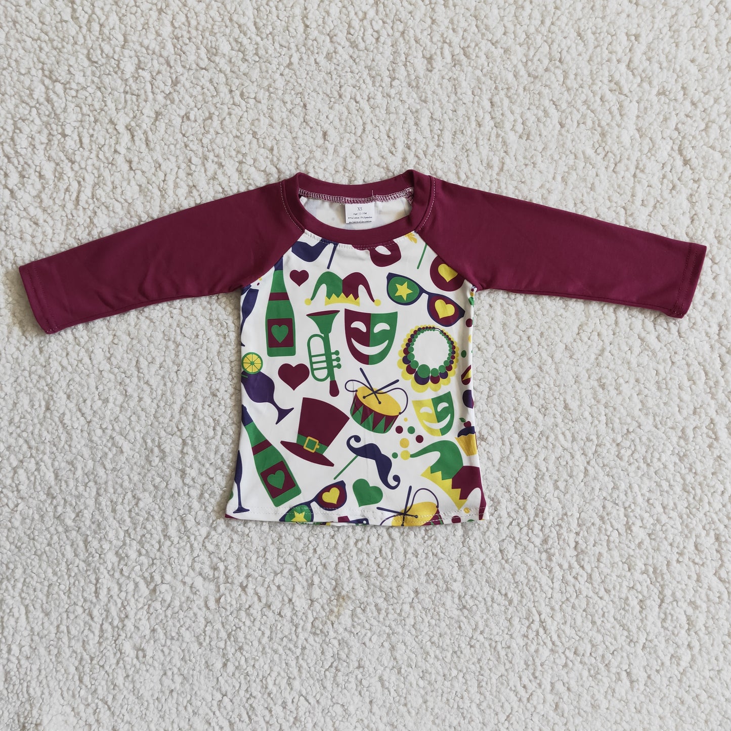Mardi Gras Carnival dark red raglan funny long sleeve top