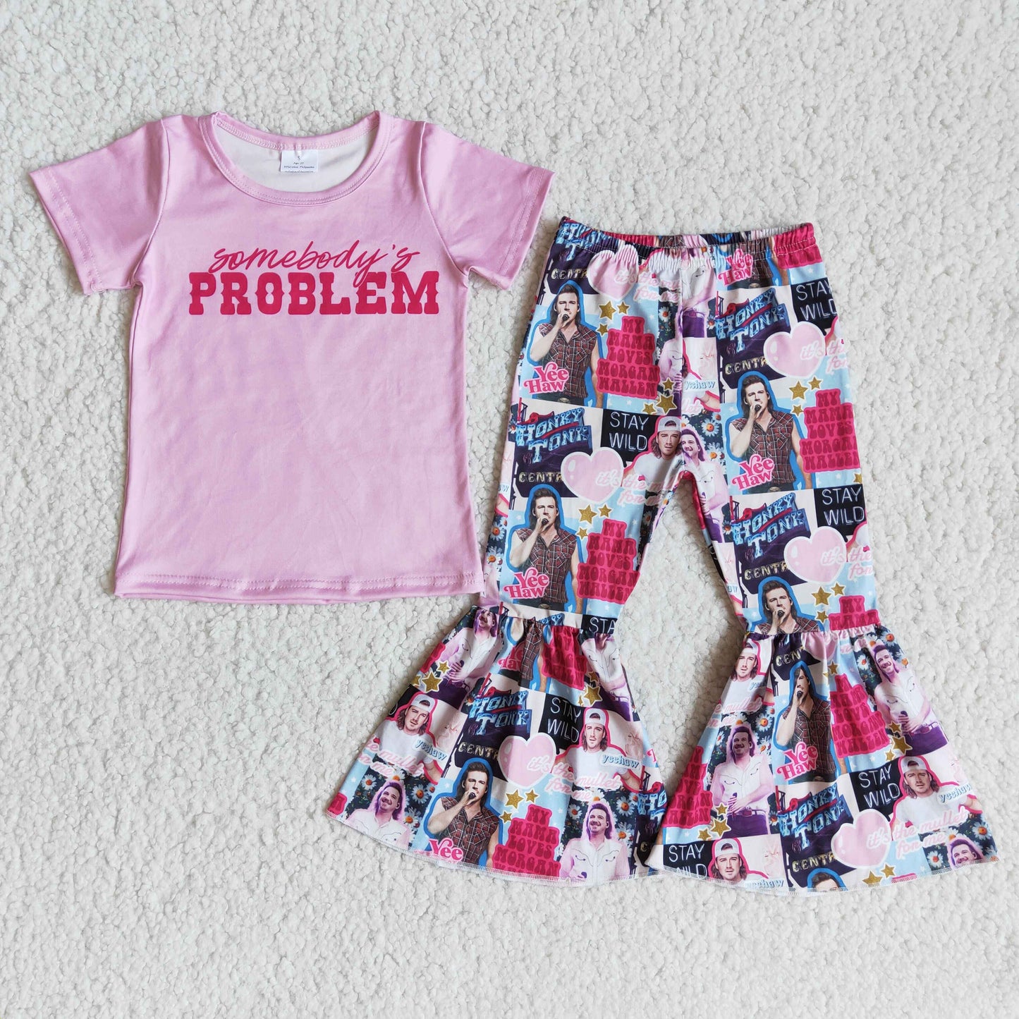 promotion RTS E8-4 problem letters singer pink girl short sleeve bell bottom pant outfit
