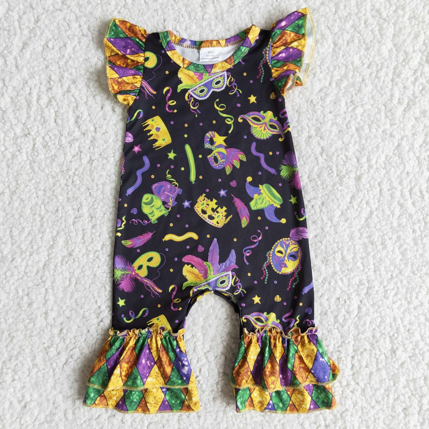 E7-14 Mardi Gras Carnival girl flutter short sleeve romper