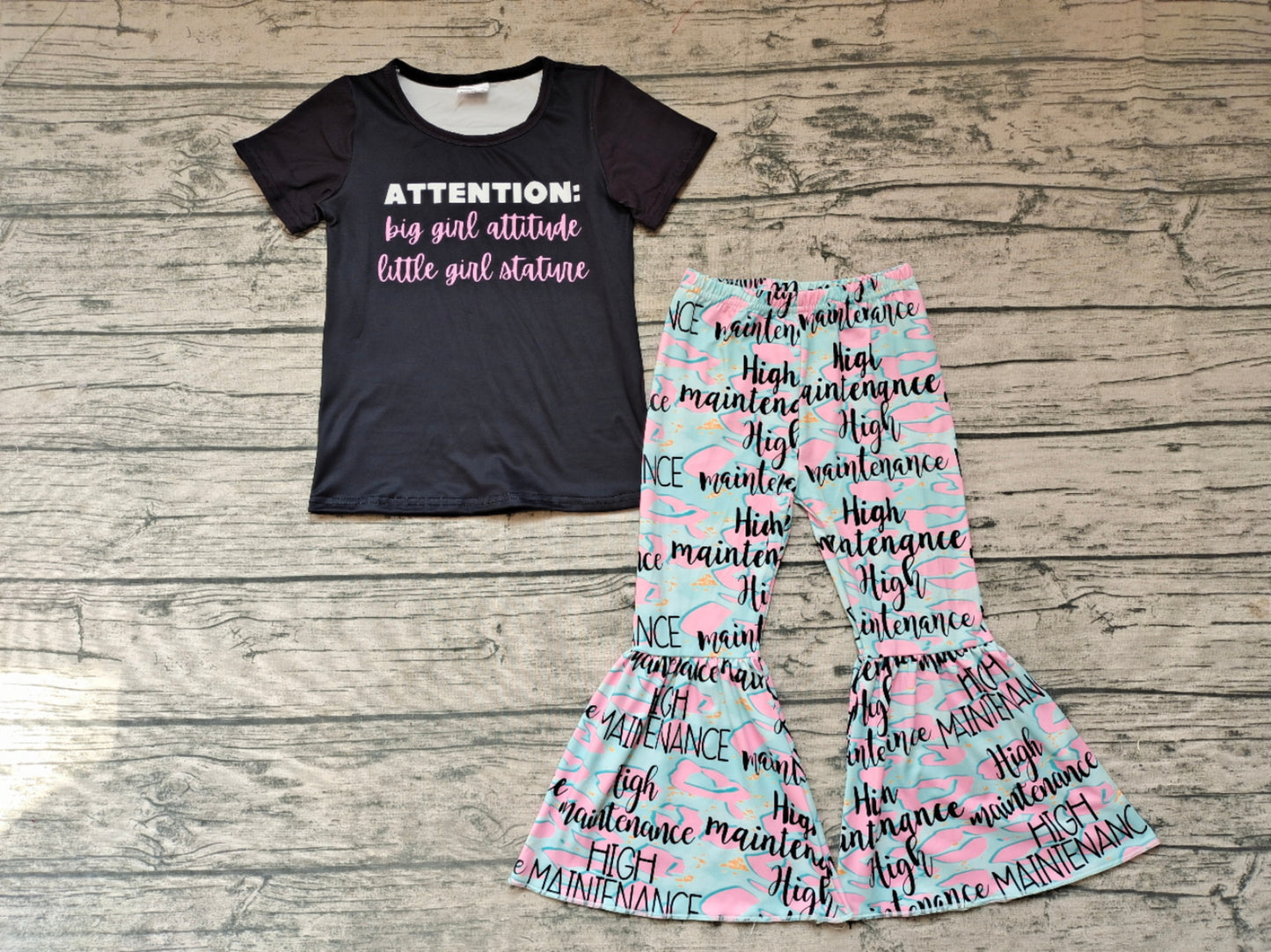 promotion B1-20 black top attention letters high maintenance black pink blue short sleeves bell bottom pants girl outfit 0115Jan