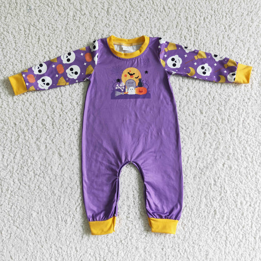 Promotion RTS LR0044  halloween bat orange moon  purple short sleeve purple ruffle pants boy romper 0630
