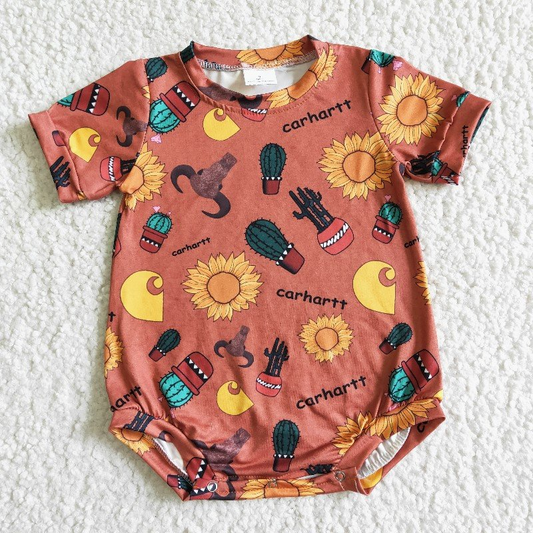SR0021 RTS cactus sunflowers cow print brown boy short sleeve romper rts