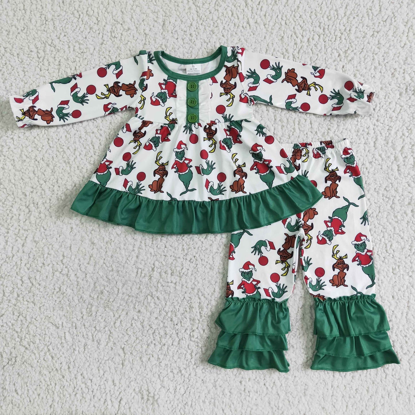 RTS 0620 long sleeve Christmas green cartoon character ruffle girl outfit