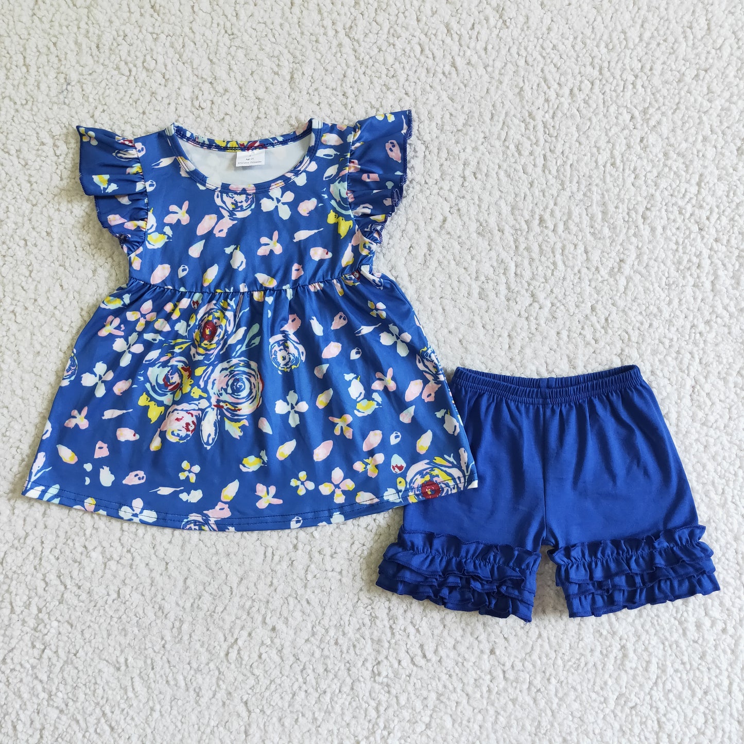 promotion D5-16 Floral puffy blue flower ruffle short sleeve shorts girl outfit RTS 20230214