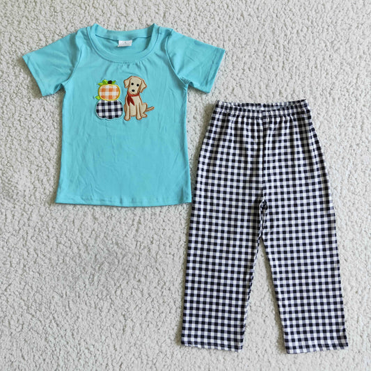 RTS 0722 blue short sleeve dog orange pumpkin embroidered plaid pants boy outfit clothes