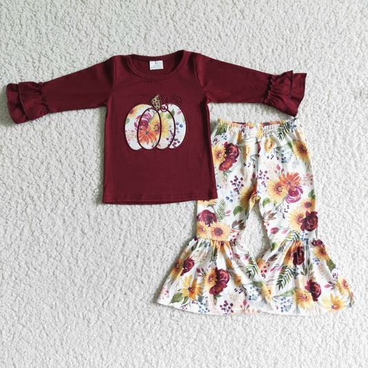 embroidery long sleeve red sunflower pumpkin bell bottom girl outfit halloween 0623 RTS