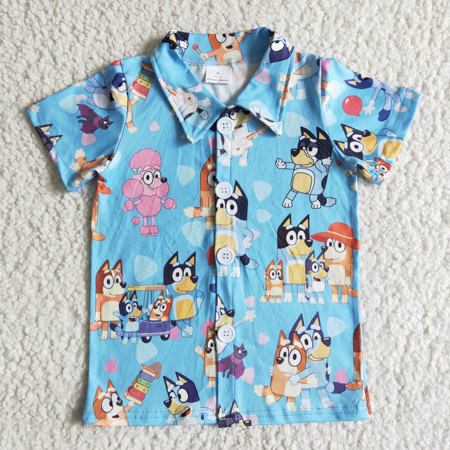 B14-27 cartoon dog blue button boy short sleeve top 0308