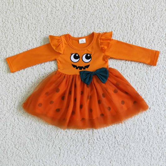 Promotion 202410 GLD0019  RTS BOW long sleeve pumpkin orange tulle girl gauze black dots dress halloween