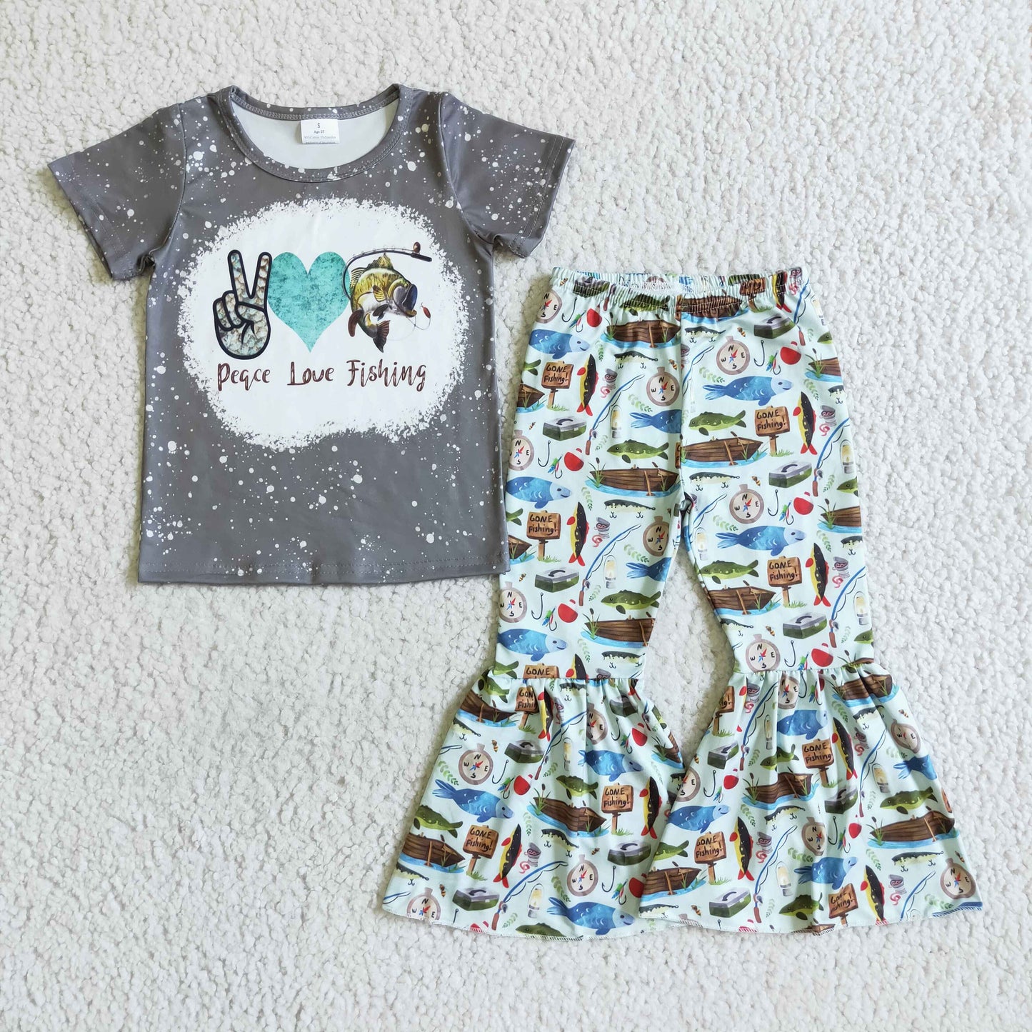 fishing girls cartoon print short sleeve bell bottom pants outfits 0808 RTS