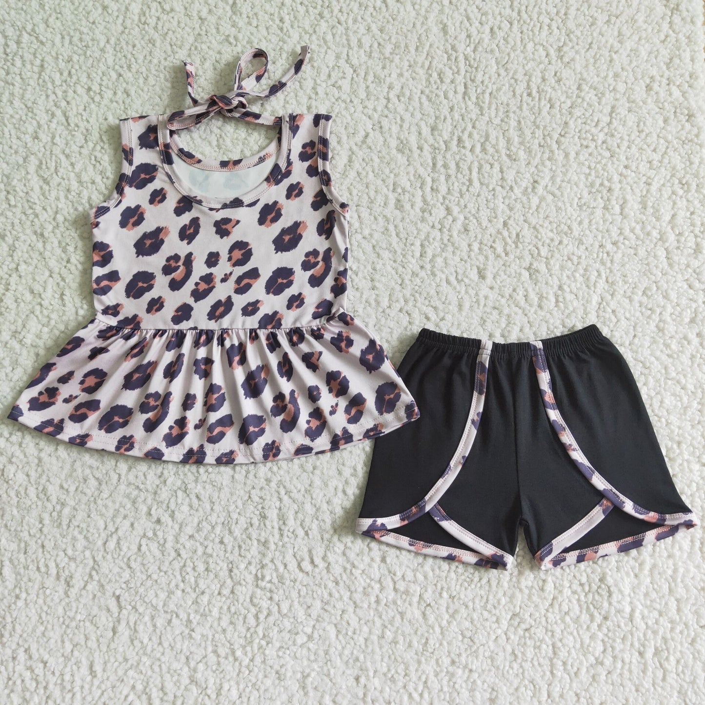 GSSO0052 sun-top leopard top ruffles short sleeve shorts girl outfit 20230316 RTS