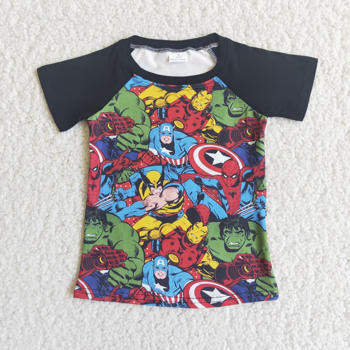 super hero star cartoon black hero raglan boy short sleeve top