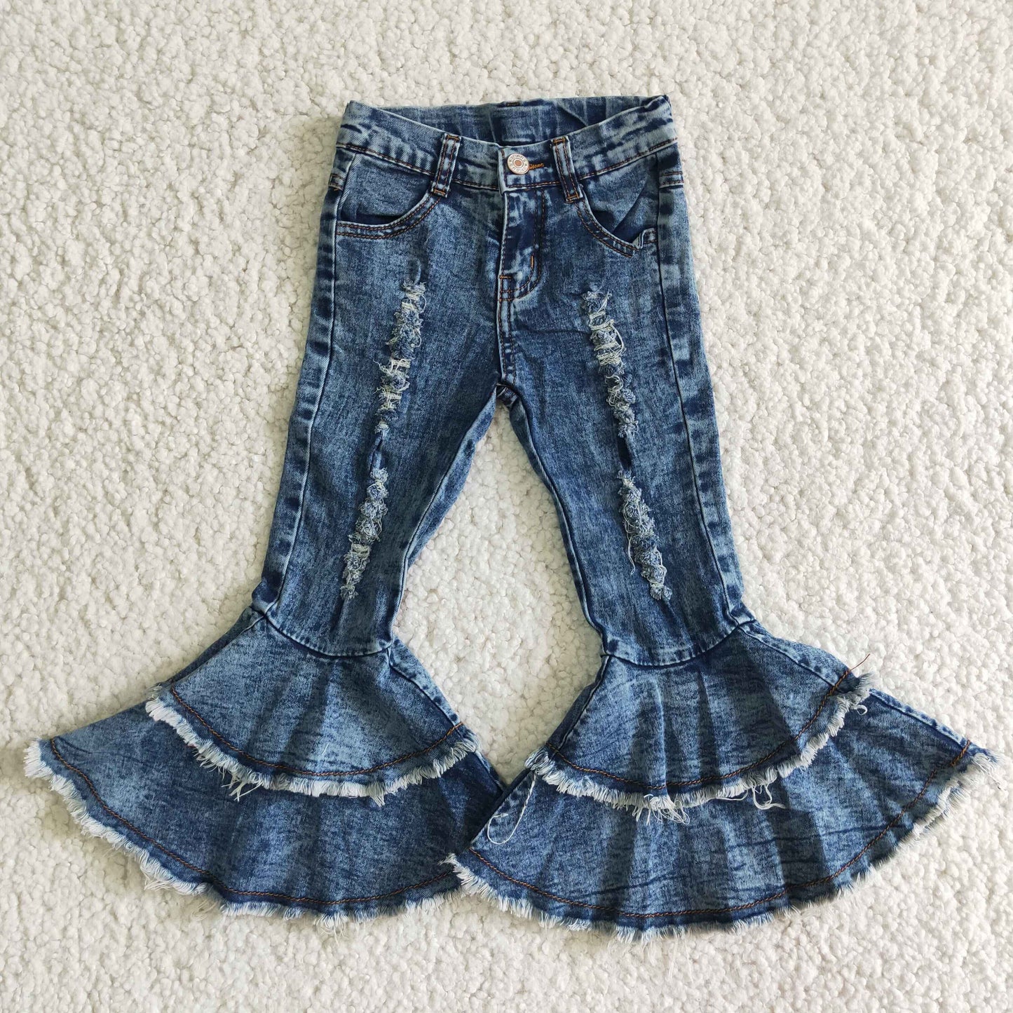 C1-13 Fashion girl dark blue double ruffles denim pants 202501 RTS
