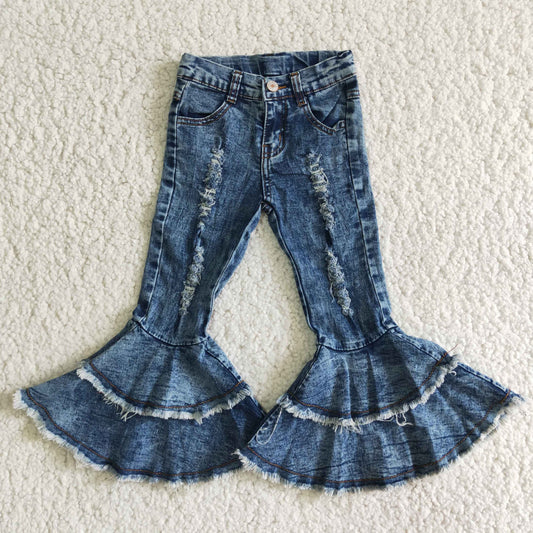 C1-13 Fashion girl dark blue double ruffles denim pants 202501 RTS