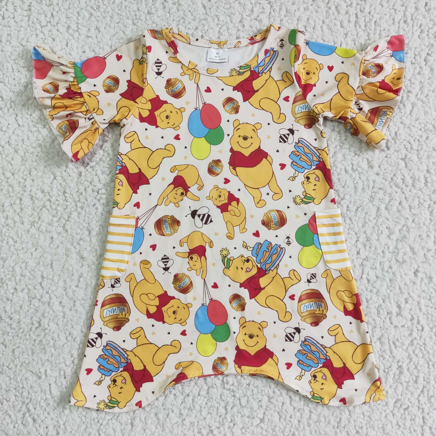 RTS yellow cartoon bear ruffle short sleeve girl dress 0621