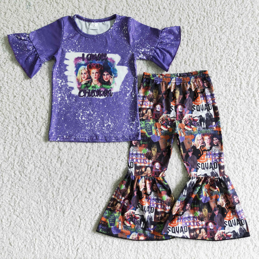 RTS 0629 cartoon halloween purple ruffle short sleeve print bell pants girl outfit