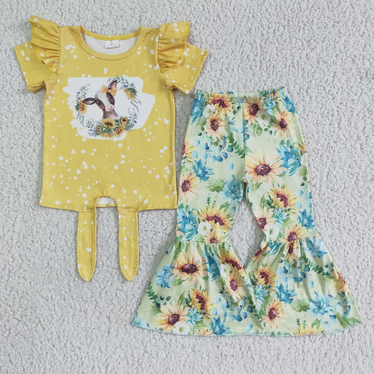 RTS cow heifer sunflower crisscross bow yellow green short sleeve bell bottom girl outfits 0610