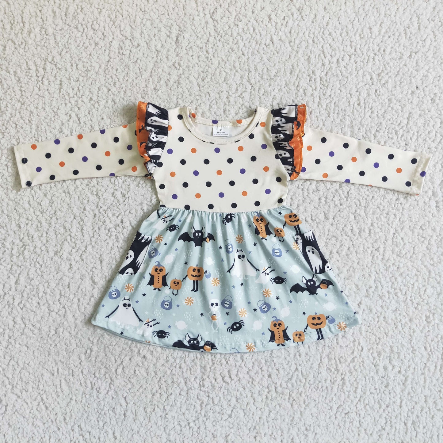 202410 Promotion  GLD0022 RTS halloween dots long sleeve orange pumpkin white head cartoon goast girl dress 0714 RTS