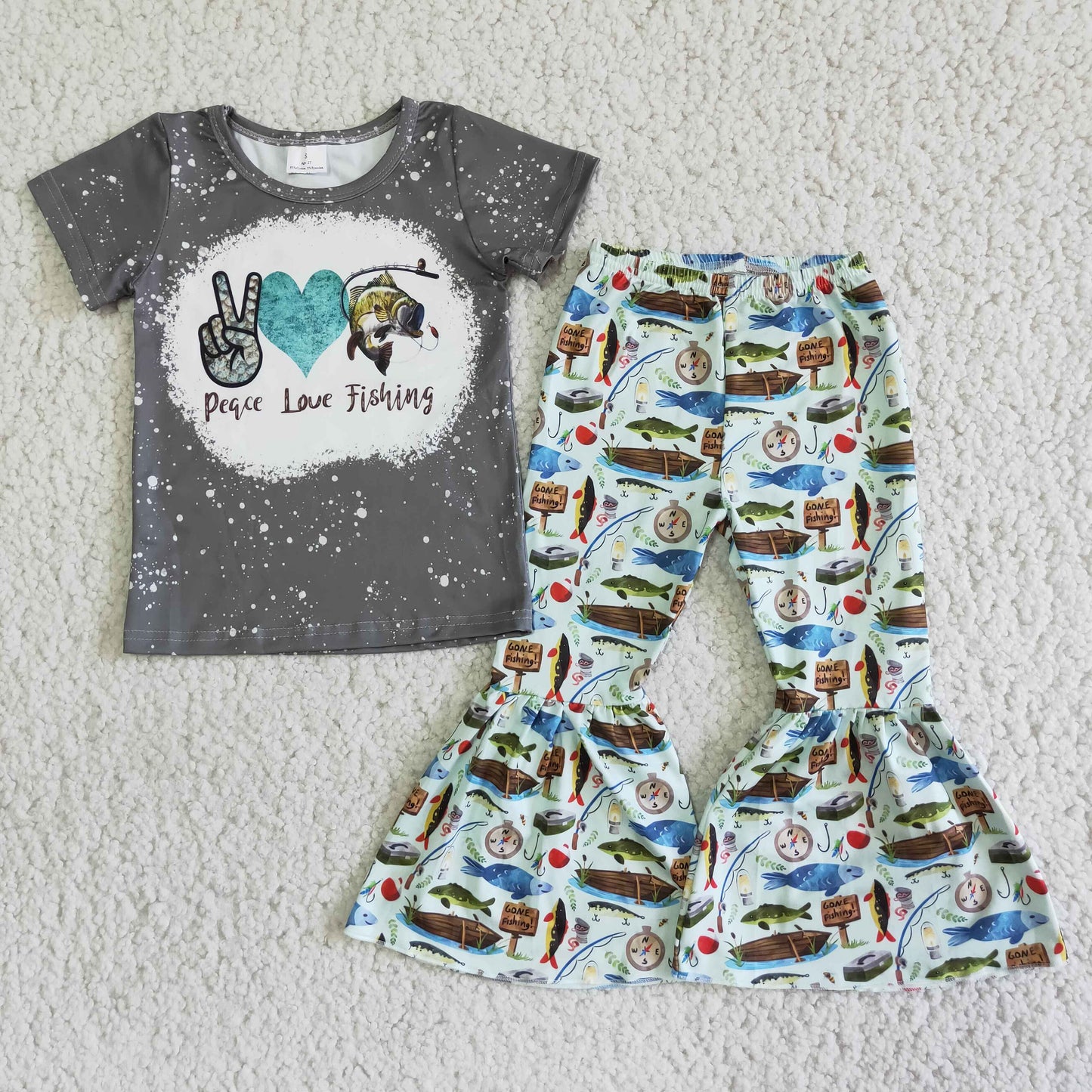fishing girls cartoon print short sleeve bell bottom pants outfits 0808 RTS
