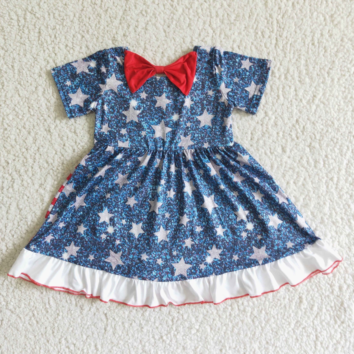 PROMOTION stars 4th of july red blue white short sleeve girl dress 0412