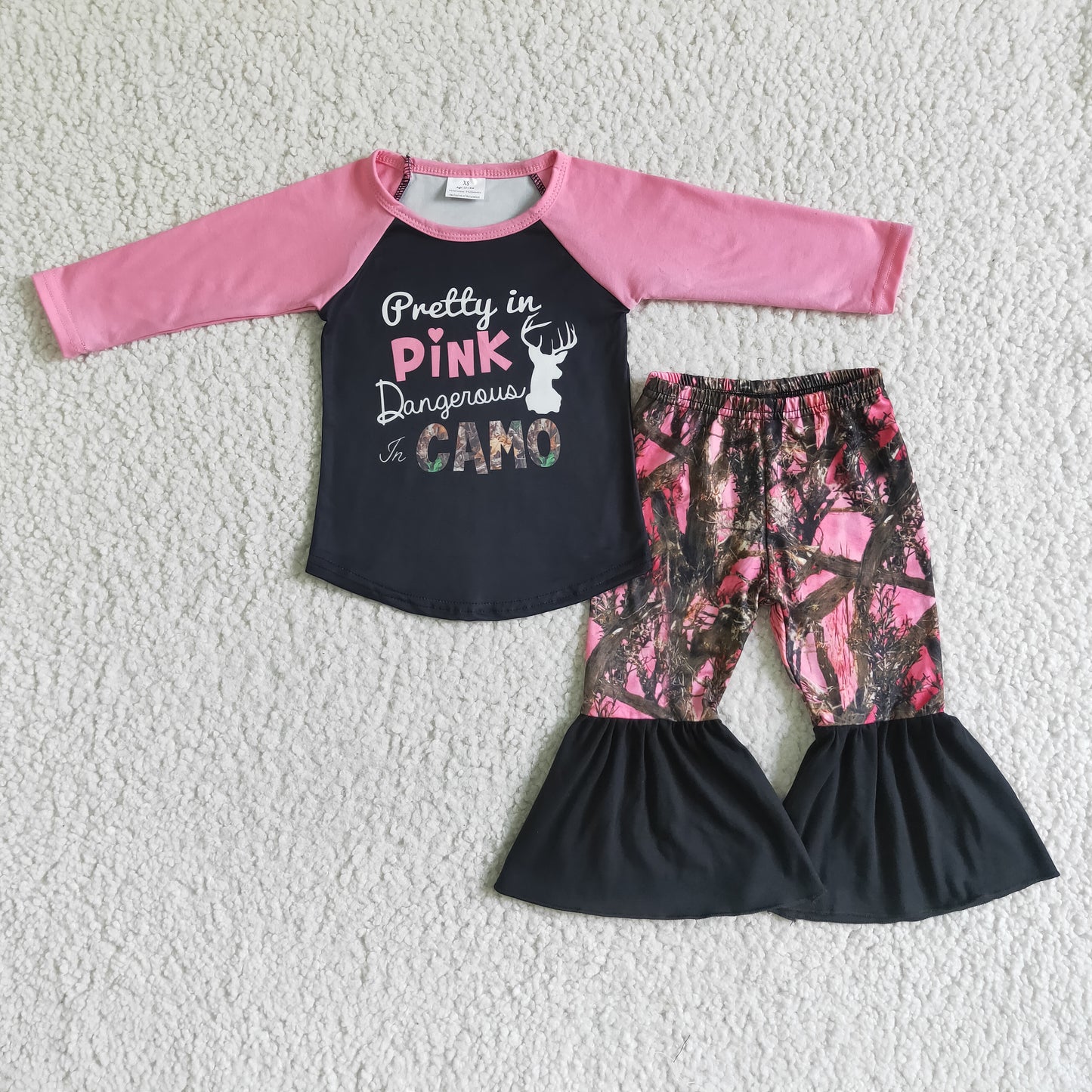 pink camouflage bell bottom long sleeve outfits 0614 RTS