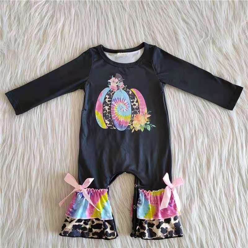 202410 Promotion 6 A25-12 girl black colorful pumpkin leopard bow long sleeve romper