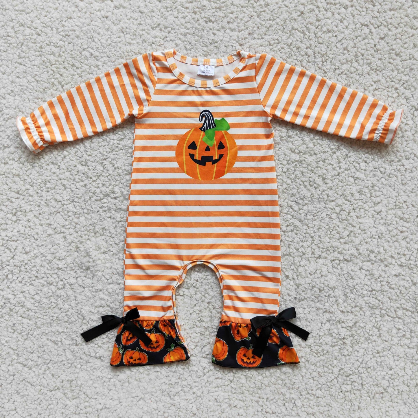 Halloween girl pumpkin orange white bow stripe long sleeve romper