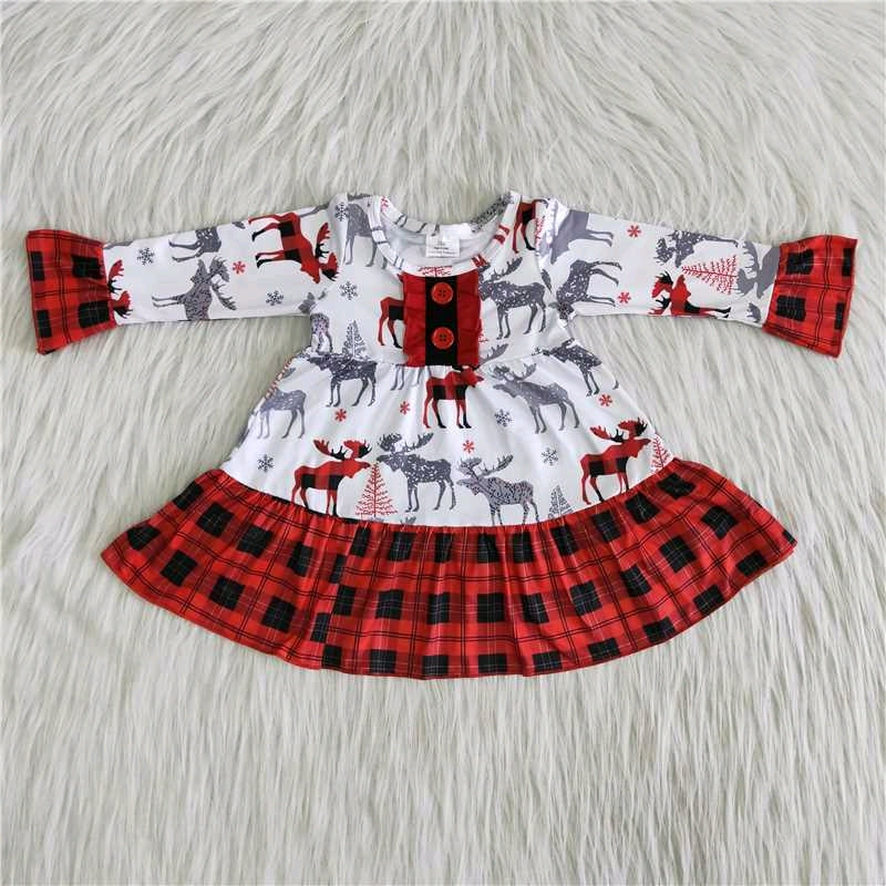 6 A30-11 Christmas red white plaid elk long sleeve dress