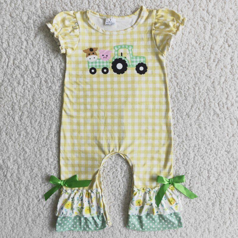 promotion RTS D13-11 cow car yellow bow bell bottom romper 0520