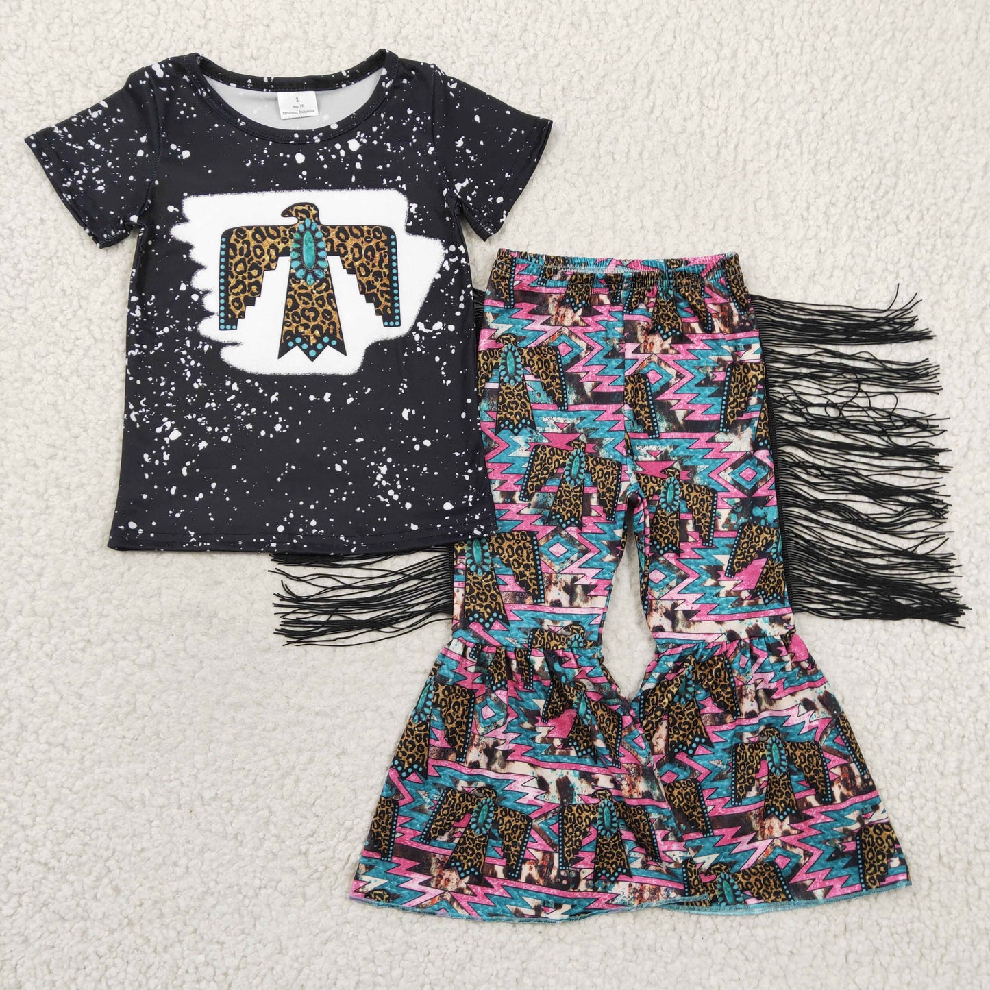 promotion RTS GSPO0209 short sleeve western tassel gem eagle bird print girl outfit 1220
