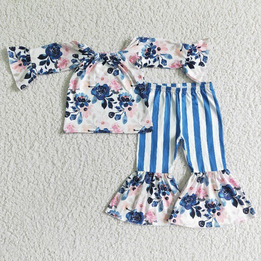 GLP0004 RTS 0622 bluepink flower flare off shoulder sleeve white blue stripe pants girl outfit
