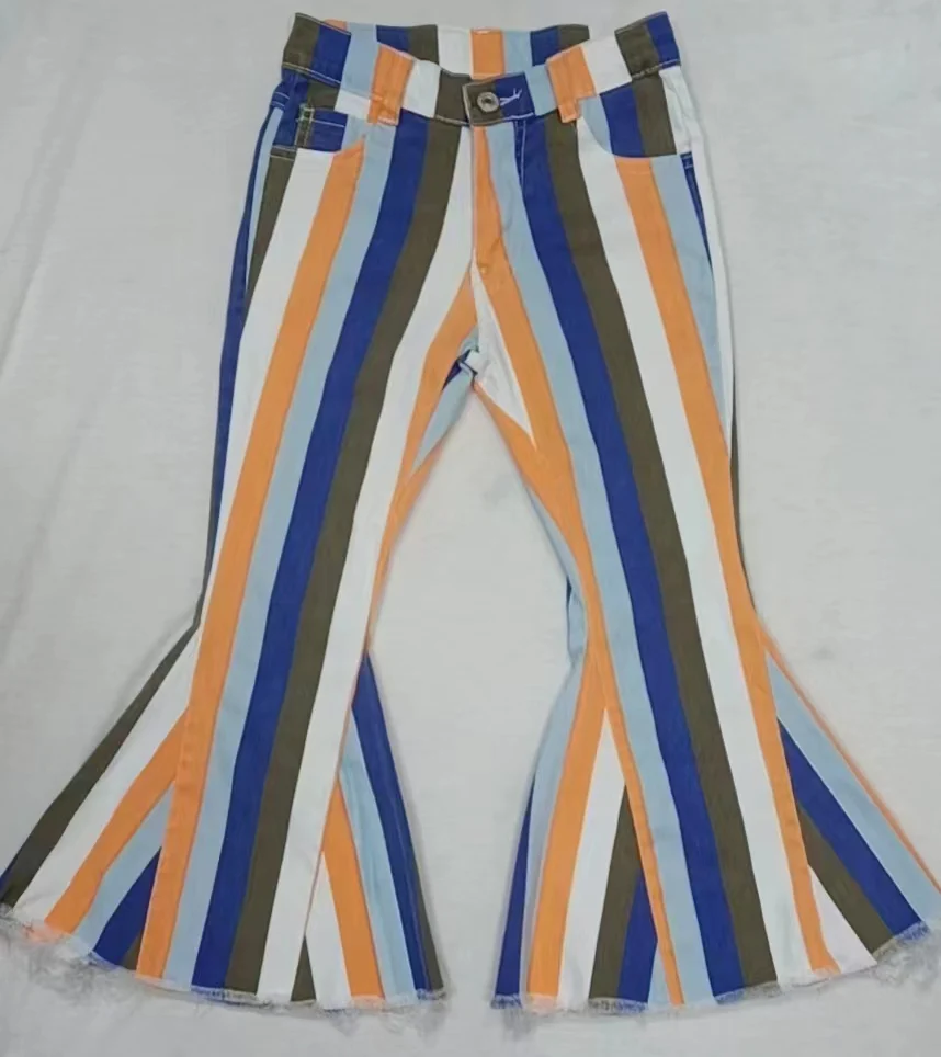 P0029 orange white green blue stripes bell kids girl denim jeans 0927 RTS