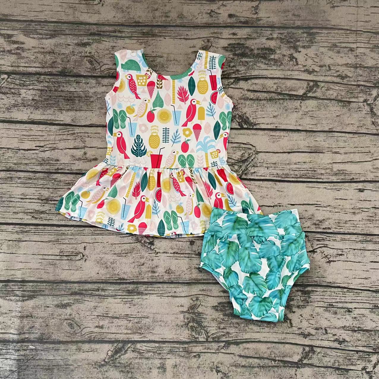preorder colorful birds leaves print sleeveless bummie set girl outfits 0303