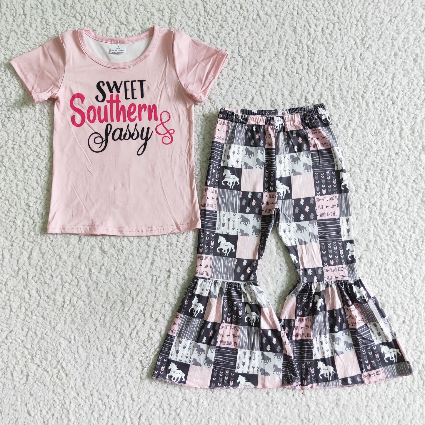RTS sassy pink short sleeve horse bell bottom girl outfit 0802
