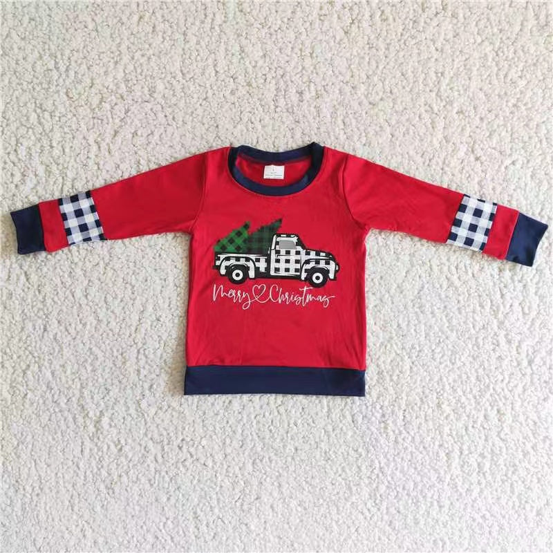 promotion 6A6-12 Merry christmas tree cartoon boy plaid red long sleeve top RTS 1124