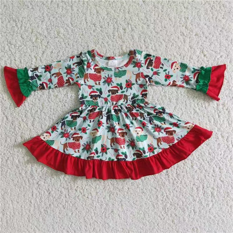 promotion 6 A6-17 RTS merry Christmas green grin long sleeve girl dress RTS