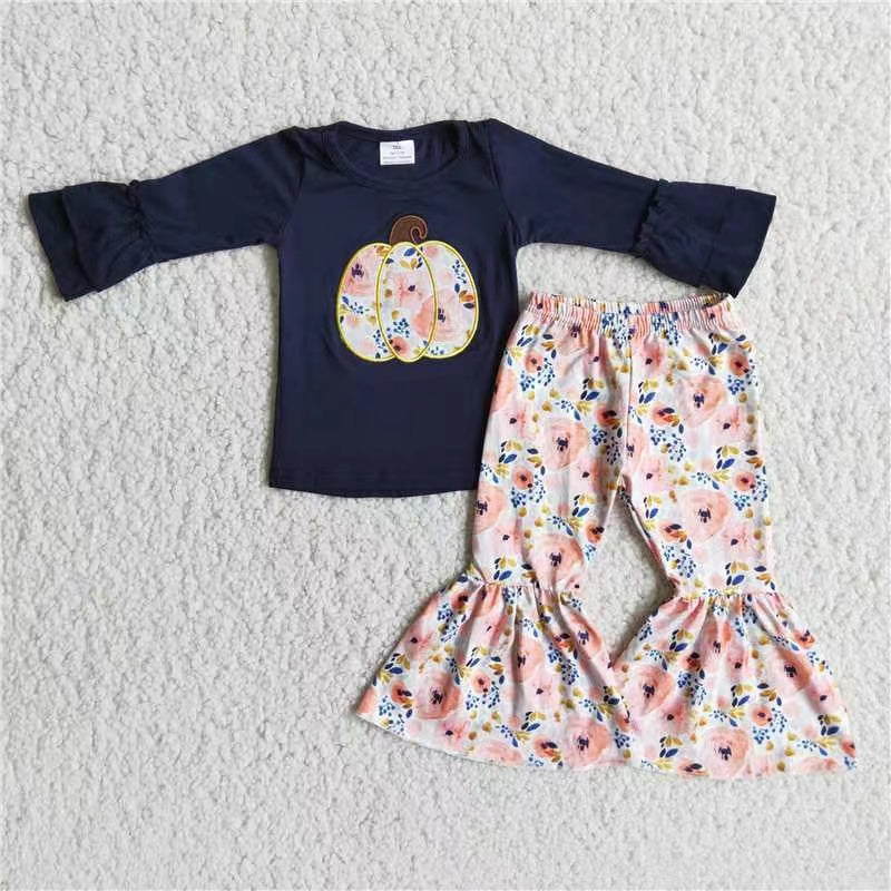 6 A9-15 black pumpkin flower long sleeve pant GIRL outfit halloween 0915 RTS