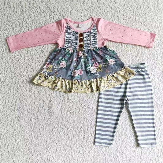 promotion RTS 6 B0-17 pink ruffle long sleeve gray stripe legging girl patchwork outfit RTS 1121