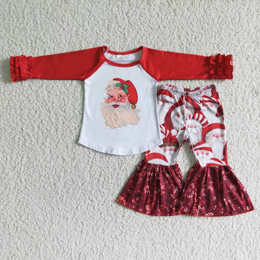 GLP0008 RTS 2pcs red Christmas Santa print long sleeve bell bottom girl outfits 0527