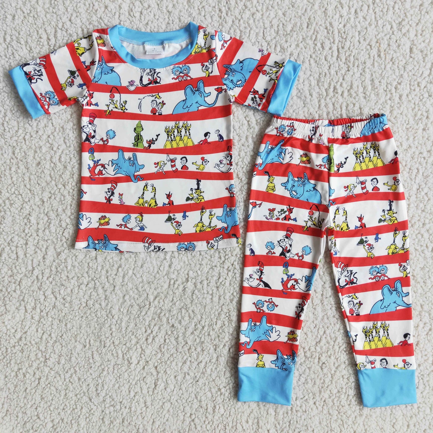 cartoon reading cat stripe short sleeve pajamas boy outfit
