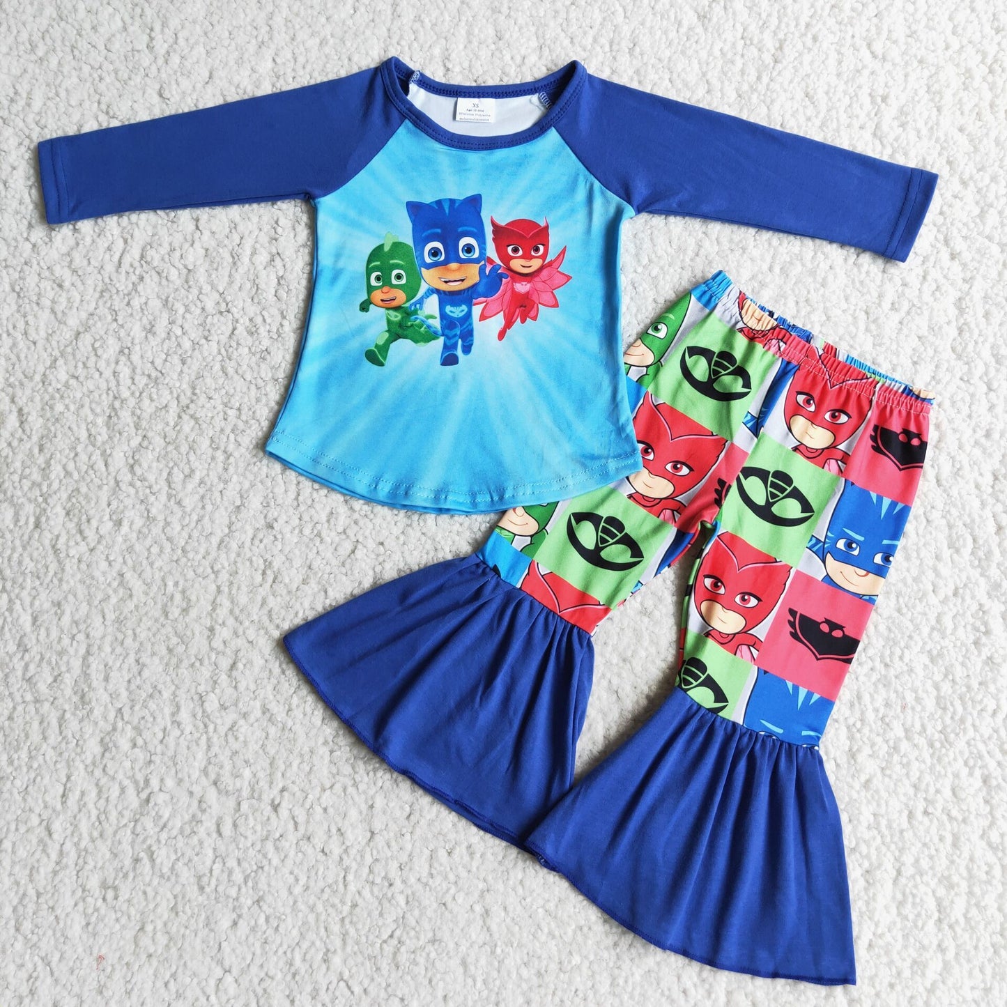 promotion RTS 6 C9-3 girl cartoon blue raglan long sleeve bell bottom pant outfit