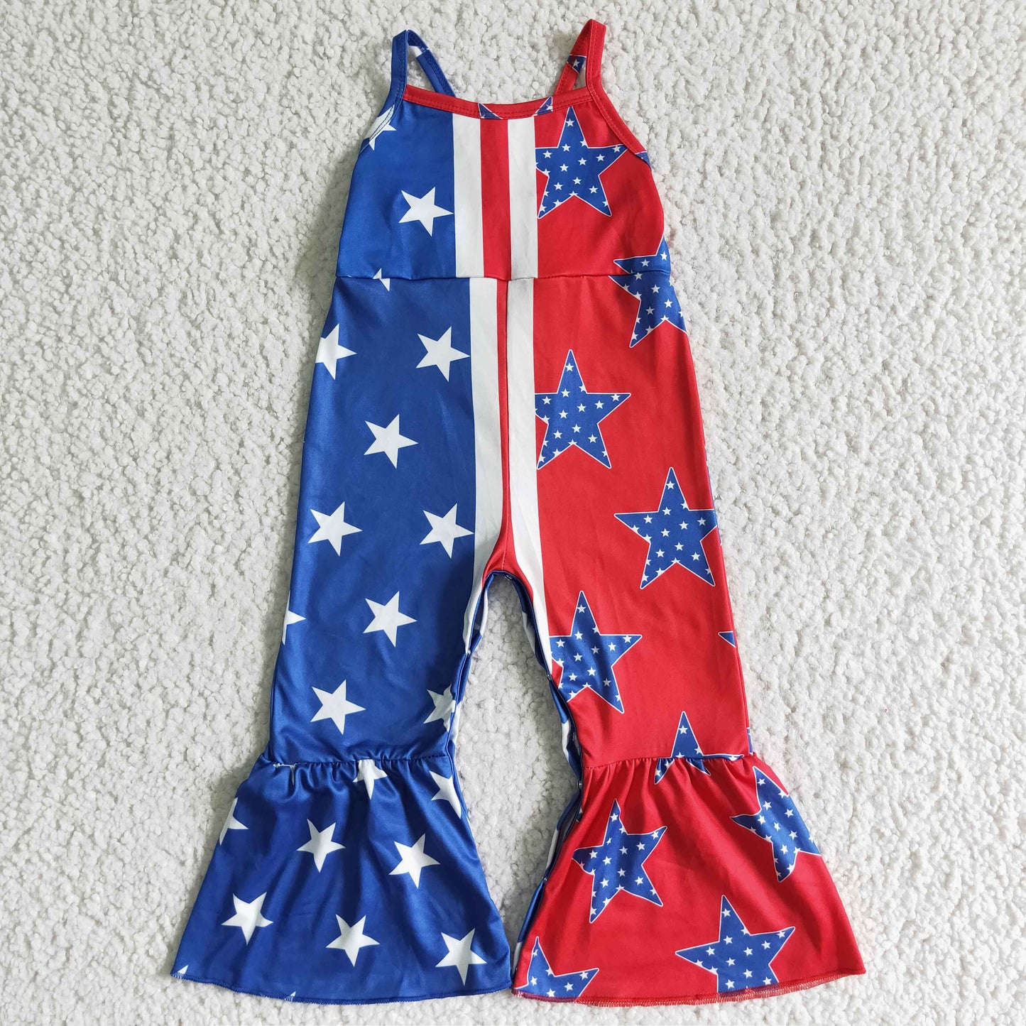 SR0058 RTS 4th July American national Day blue red stars bell bottom overall shoulder sling jumpsuit real pic 0531