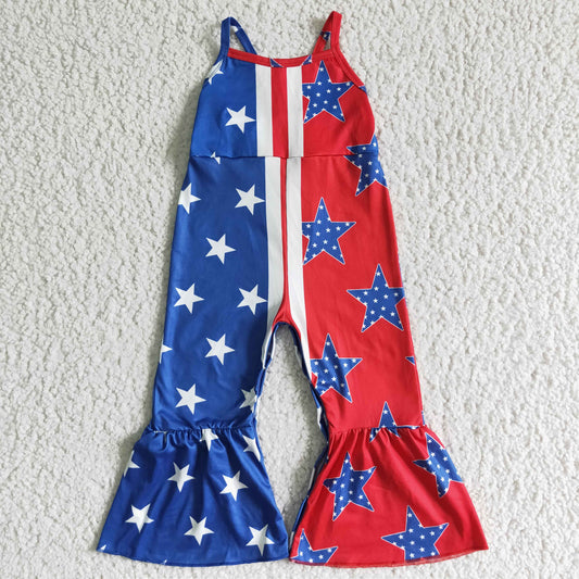 SR0058 RTS 4th July American national Day blue red stars bell bottom overall shoulder sling jumpsuit real pic 0531