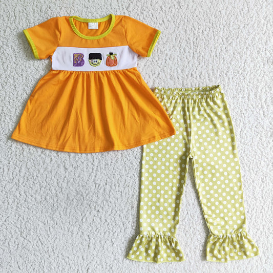 RTS short sleeve halloween orange pumkin green dot pants girl outfit 0725