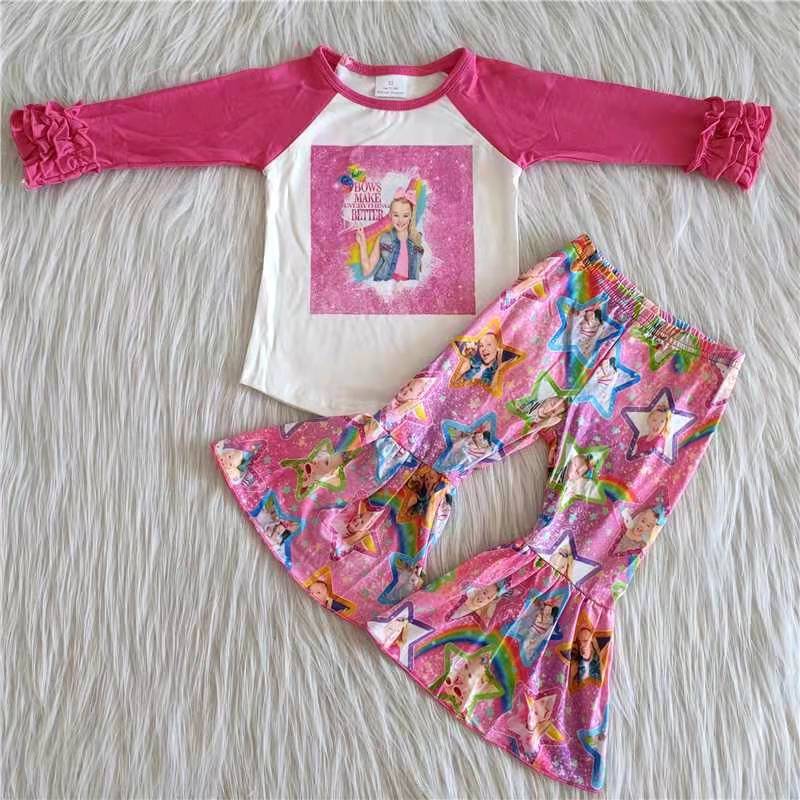 promotion 6 A26-5 girl letters stars ruffles red raglan long sleeve bell bottom outfit 202408