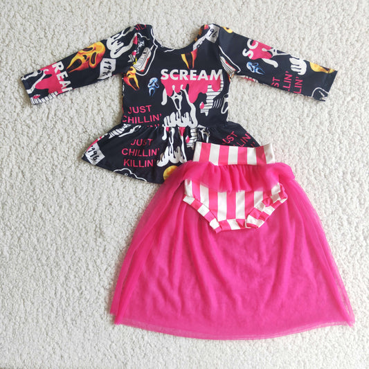 202410 Promotion  6 C8-24 Halloween black skull letters hotpink stripe long sleeve Tulle gauze bummie outfit