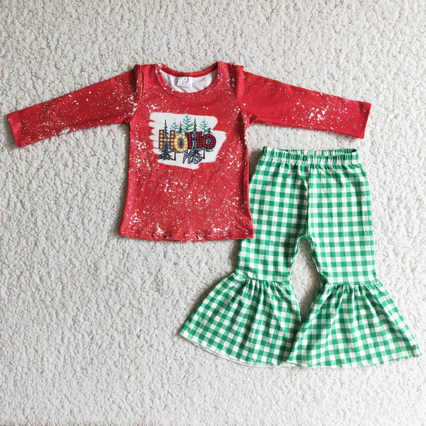 Promotion RTS 6 C10-9 hoho letters christmas tree green plaid red long sleeve bell bottom girl outfits