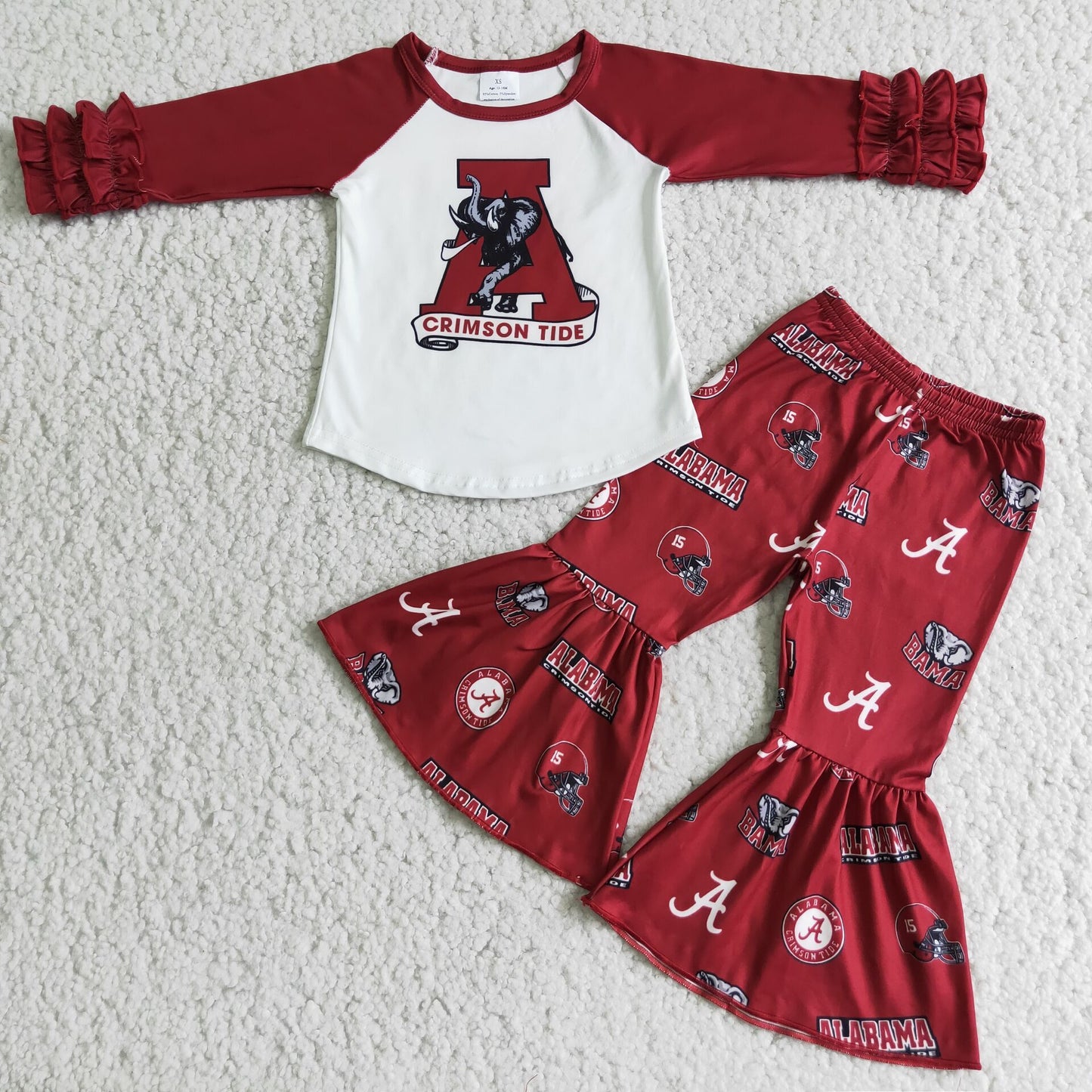 promotion 6 A25-1 team football elephant ruffle long sleeve top red long pants bell bottom girl outfit