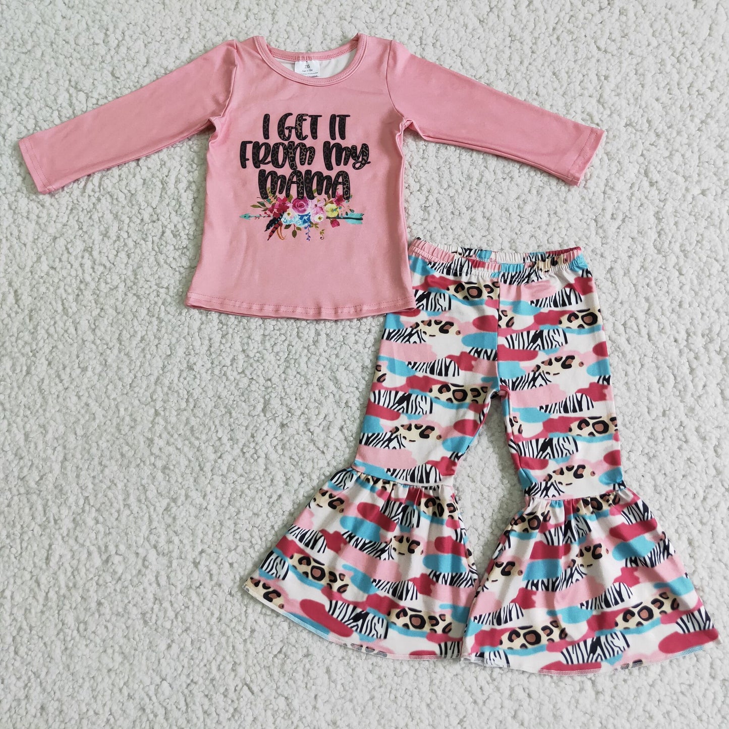 promotion 6 C7-17 girl pink floral FLOWER leopard long sleeve bell bottom outfits 1011 RTS