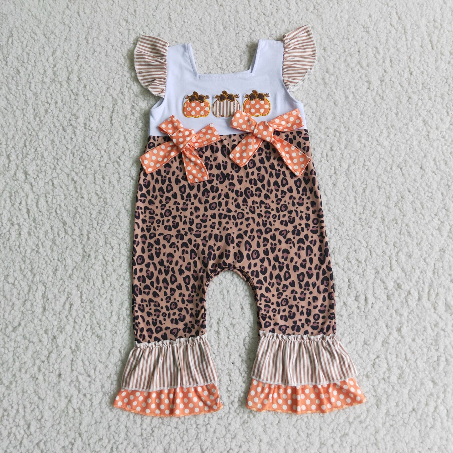 D1-15 pumpkin embroidery leopard puffy girl short sleeve romper 20230621 RTS