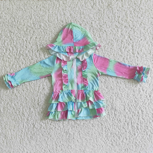A23-16 Ruffle print zipper design hoodie colorful  loose coat top RTS